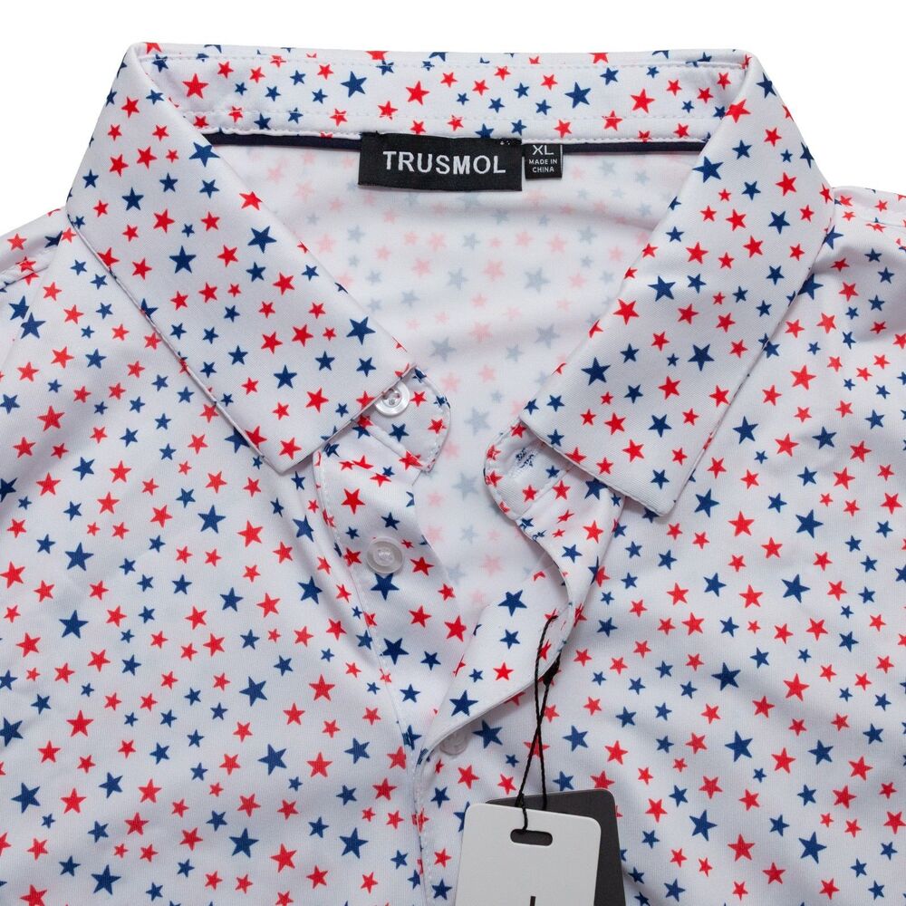 TRUSMOL Men's XL Patriotic Golf Polo Shirt Red White Blue Stars Stretch USA Tee